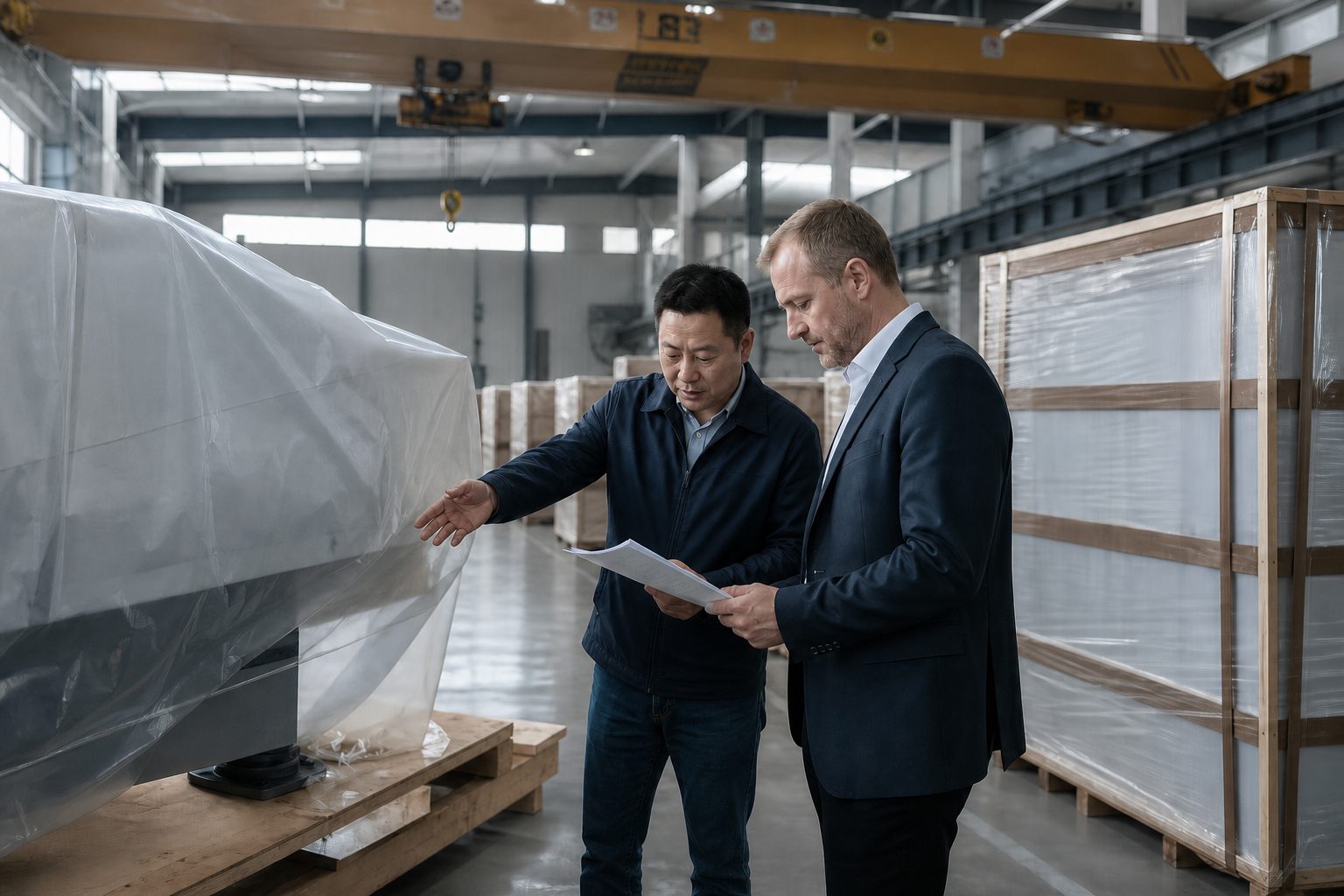 Project managers inspecting export-ready industrial equipment