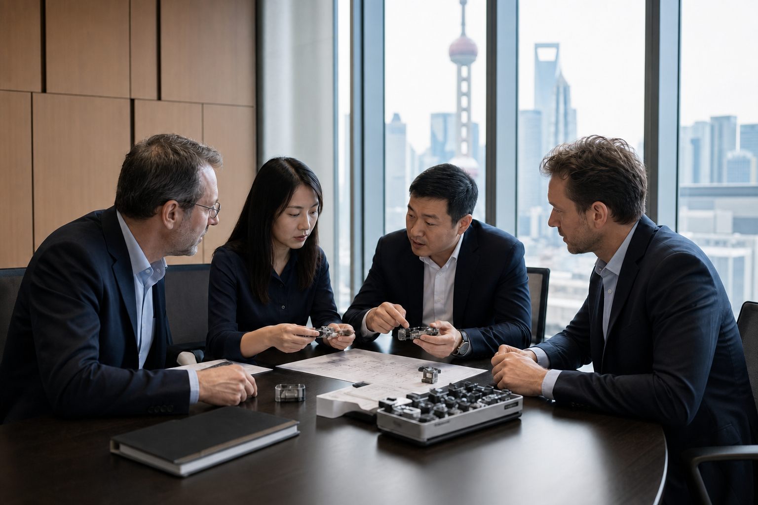 Chinese and international executives reviewing product samples in Shanghai