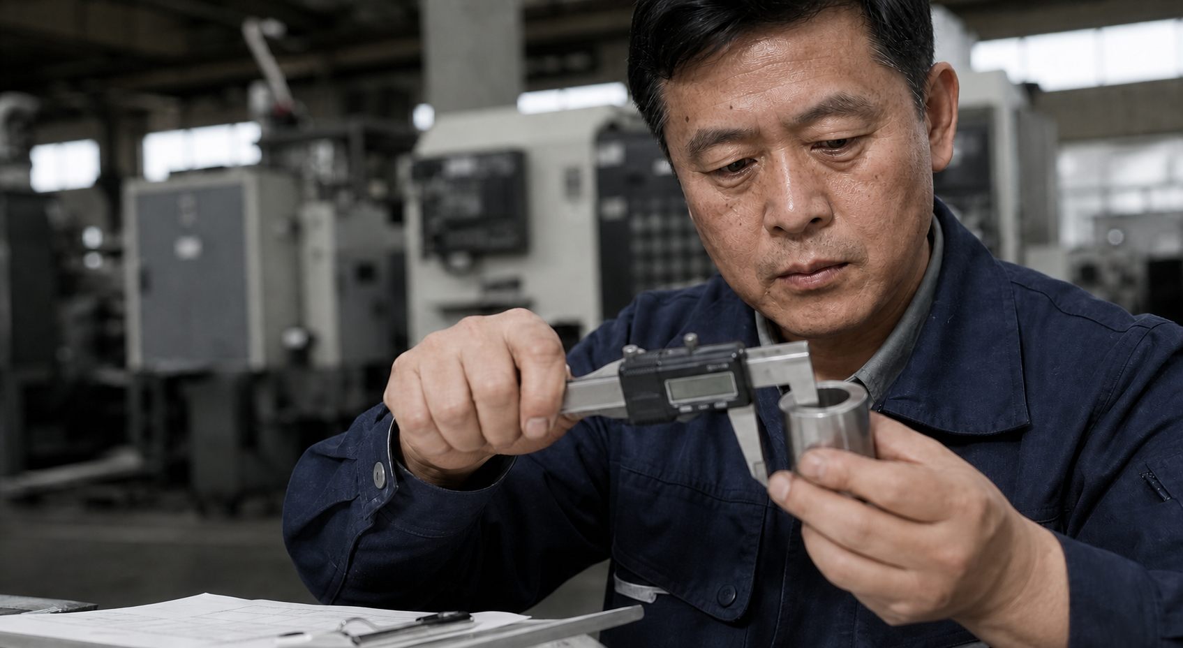 Quality engineer verifying a precision component with a digital caliper